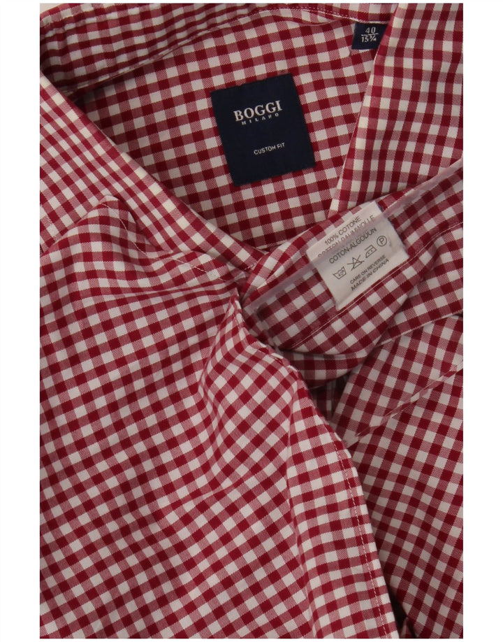 Boggi Mens Checked Custom Fit Shirt Size 40 15 1/2 Medium Burgundy Gingham