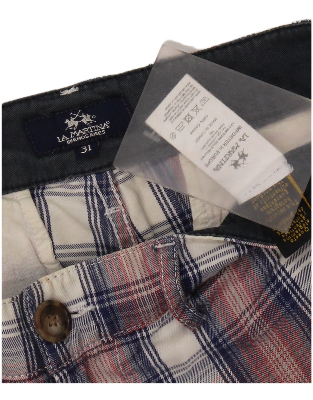 La Martina Mens Chino Shorts W31 Medium  Red Check Cotton