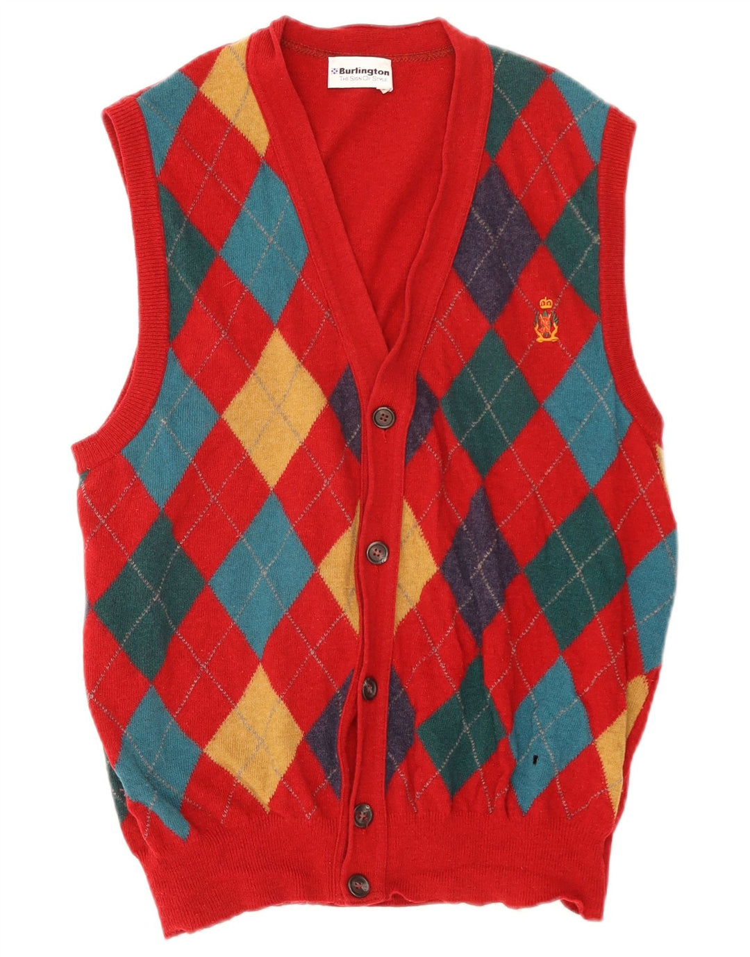 Burlington Mens Sleeveless Cardigan Sweater IT 50 Large Red Argyle/Diamond