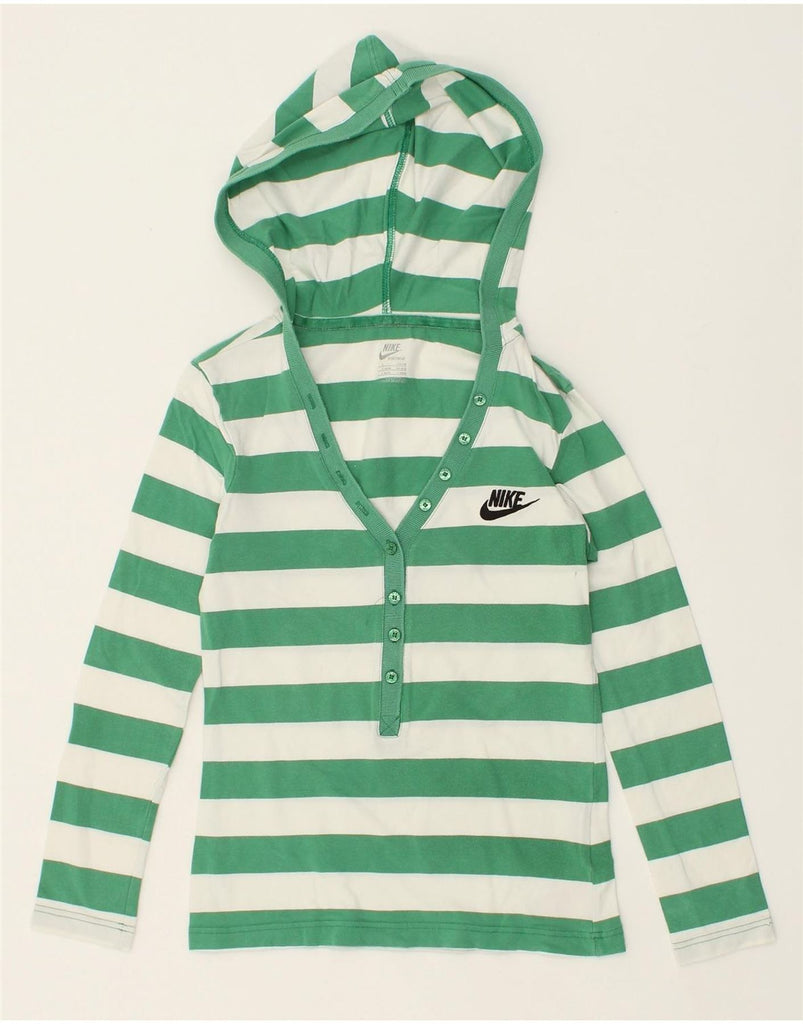 NIKE Womens Hooded Top Long Sleeve UK 8 Small Green Striped Cotton | Vintage Nike | Thrift | Second-Hand Nike | Used Clothing | Messina Hembry 