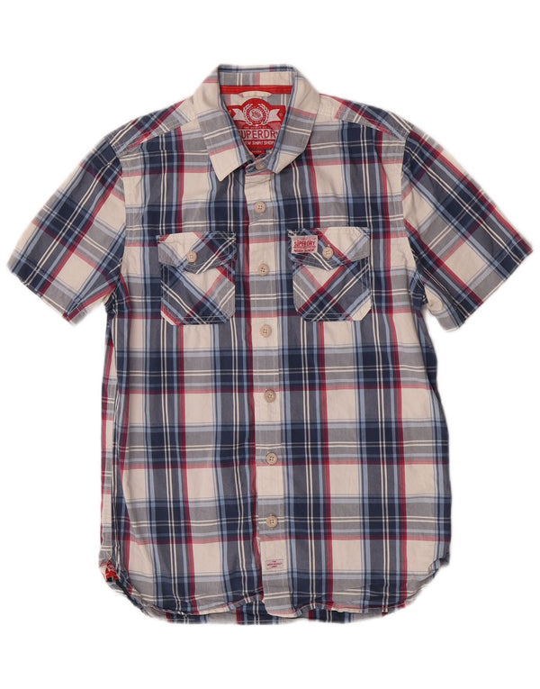Superdry Mens Short Sleeve Shirt Large Blue Check Cotton