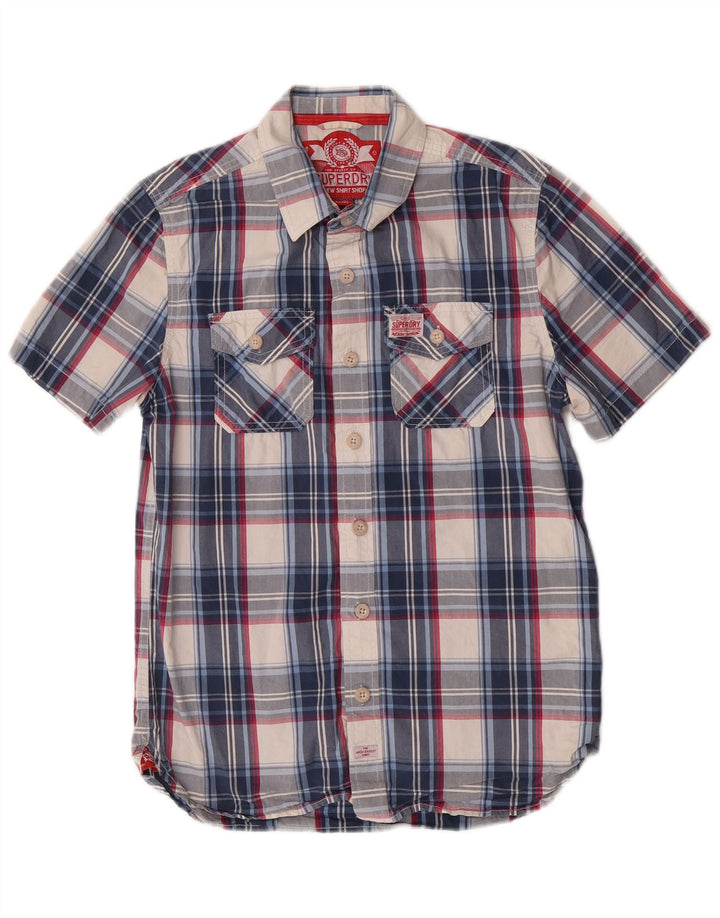 Superdry Mens Short Sleeve Shirt Large Blue Check Cotton