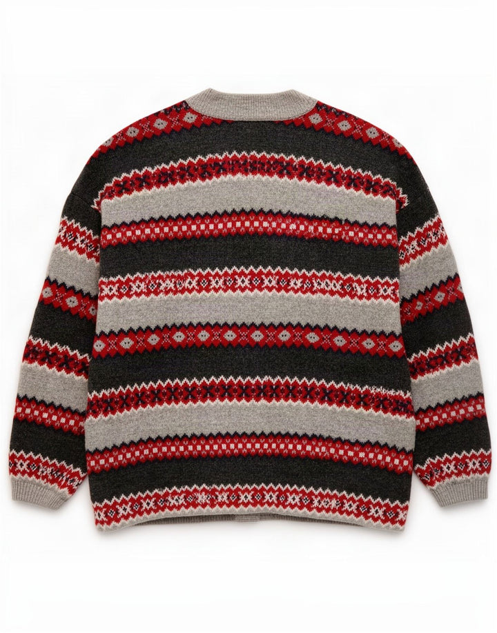 Stefanel Mens Cardigan Sweater Large Grey Fair Isle Wool