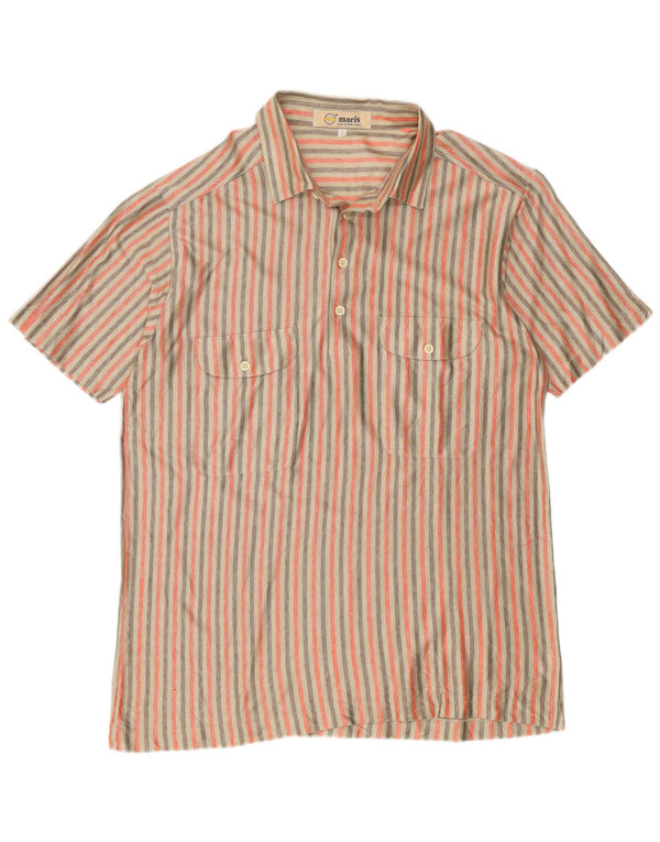 Vintage Mens Short Sleeve Pullover Shirt Large Beige Striped Cotton