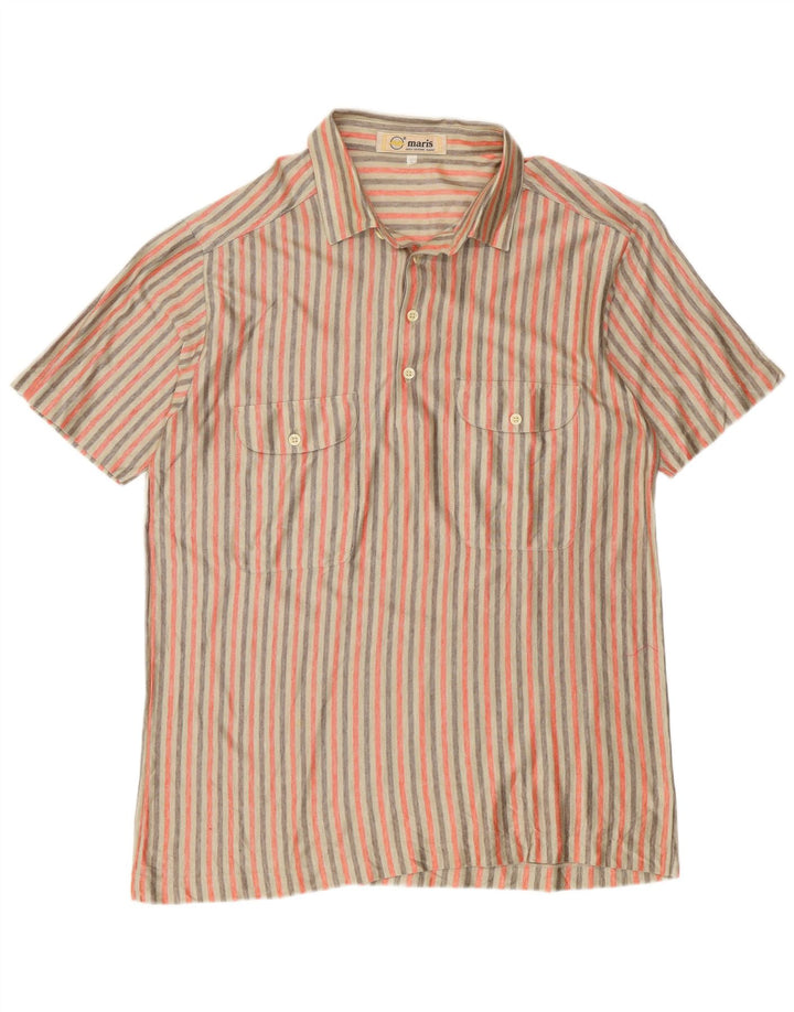 Vintage Mens Short Sleeve Pullover Shirt Large Beige Striped Cotton