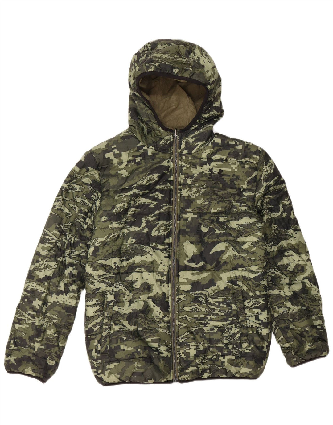 UNDER ARMOUR Boys Hooded Padded Coat 13-14 Years Khaki Camouflage
