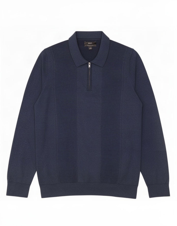 Marks & Spencer Mens Polo Neck Jumper Sweater Large Navy Blue Cotton