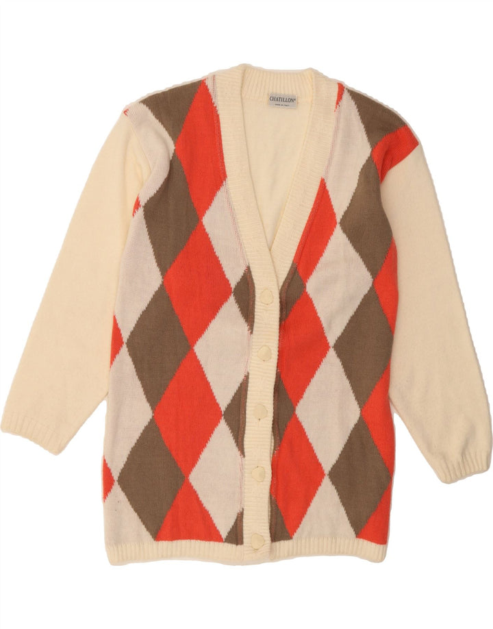 VINTAGE Womens Cardigan Sweater UK 14 Medium Off White Argyle/Diamond Wool Vintage Vintage and Second-Hand Vintage from Messina Hembry 