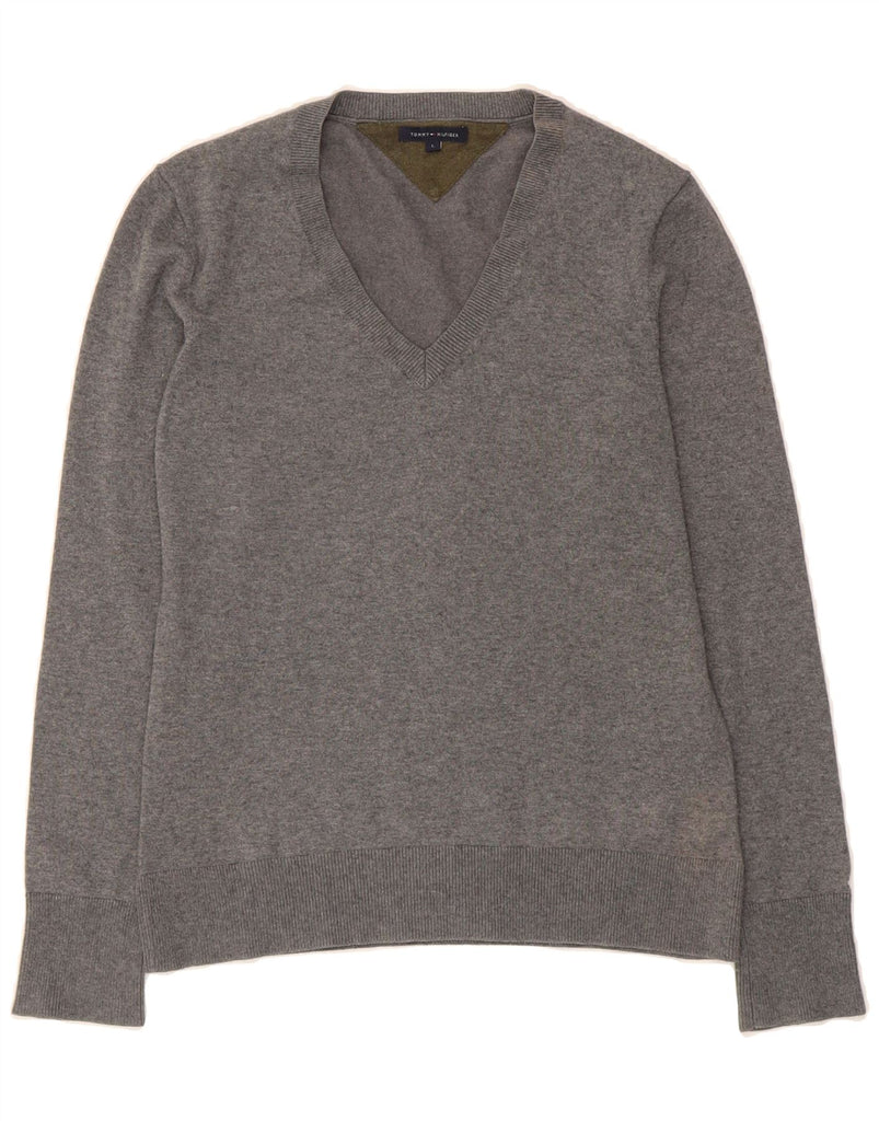 TOMMY HILFIGER Womens V-Neck Jumper Sweater UK 14 Large Grey Cotton Vintage Tommy Hilfiger and Second-Hand Tommy Hilfiger from Messina Hembry 