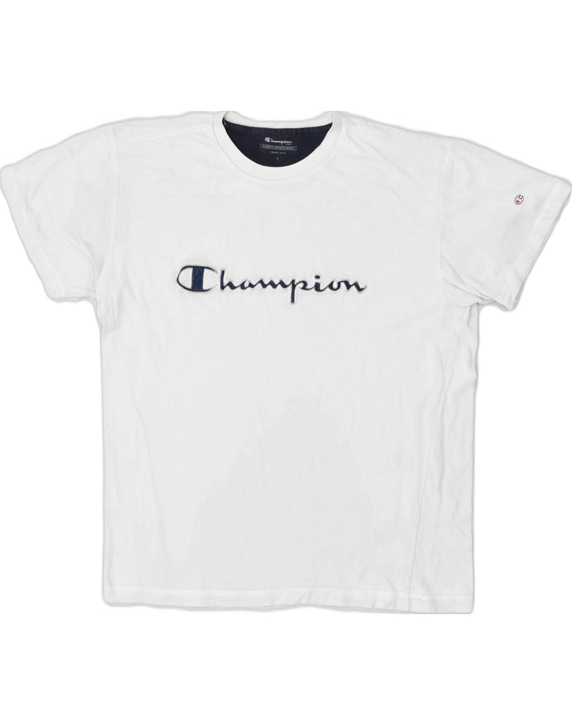 CHAMPION Womens Graphic T-Shirt Top UK 14 Large White Cotton | Vintage Champion | Thrift | Second-Hand Champion | Used Clothing | Messina Hembry 