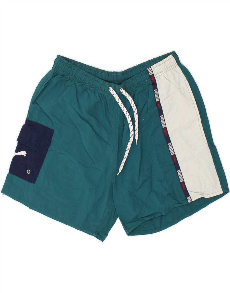 PUMA Mens Graphic Sport Shorts Medium Green Colourblock Polyamide | Vintage Puma | Thrift | Second-Hand Puma | Used Clothing | Messina Hembry 