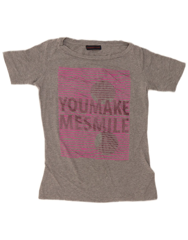 Trussardi Jeans Womens Graphic T-Shirt Top UK 10 Small Grey Cotton