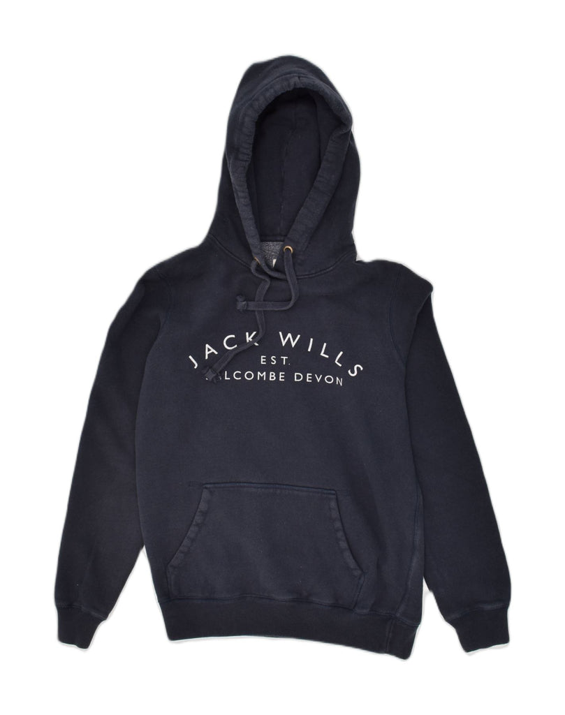 JACK WILLS Womens Graphic Hoodie Jumper UK 8 Small Navy Blue Cotton | Vintage Jack Wills | Thrift | Second-Hand Jack Wills | Used Clothing | Messina Hembry 