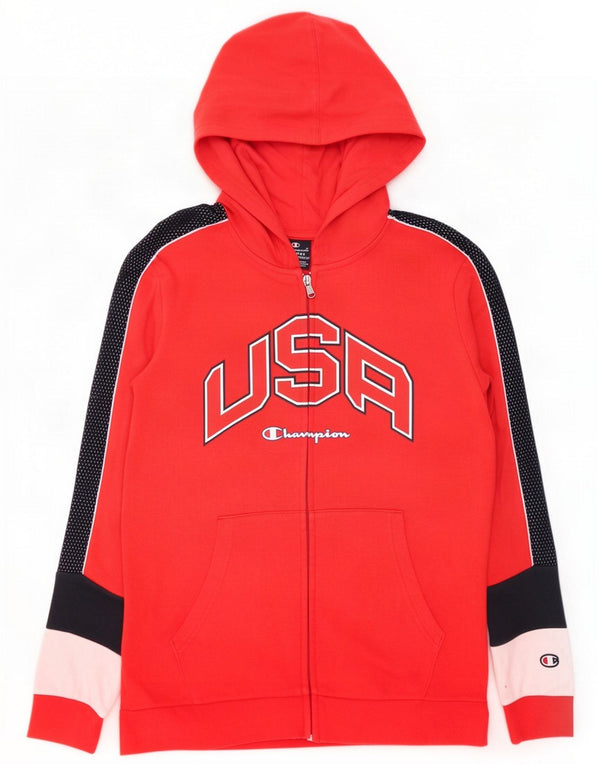 Champion Boys USA Graphic Zip Hoodie Sweater 13-14 Years XL Red Colourblock