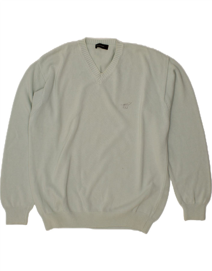 HENRY COTTONS Mens V-Neck Jumper Sweater XL Blue Cotton Vintage Henry Cottons and Second-Hand Henry Cottons from Messina Hembry 