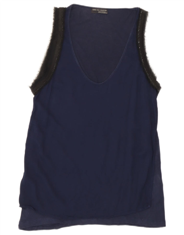 Zara Womens Vest Top UK 12 Medium Navy Blue Colourblock Lyocell