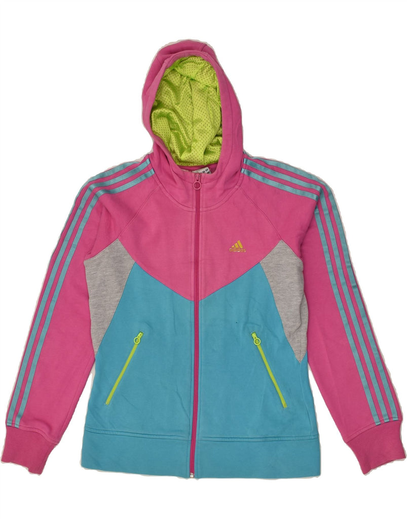 ADIDAS Girls Zip Hoodie Sweater 15-16 Years Pink Colourblock Cotton | Vintage Adidas | Thrift | Second-Hand Adidas | Used Clothing | Messina Hembry 