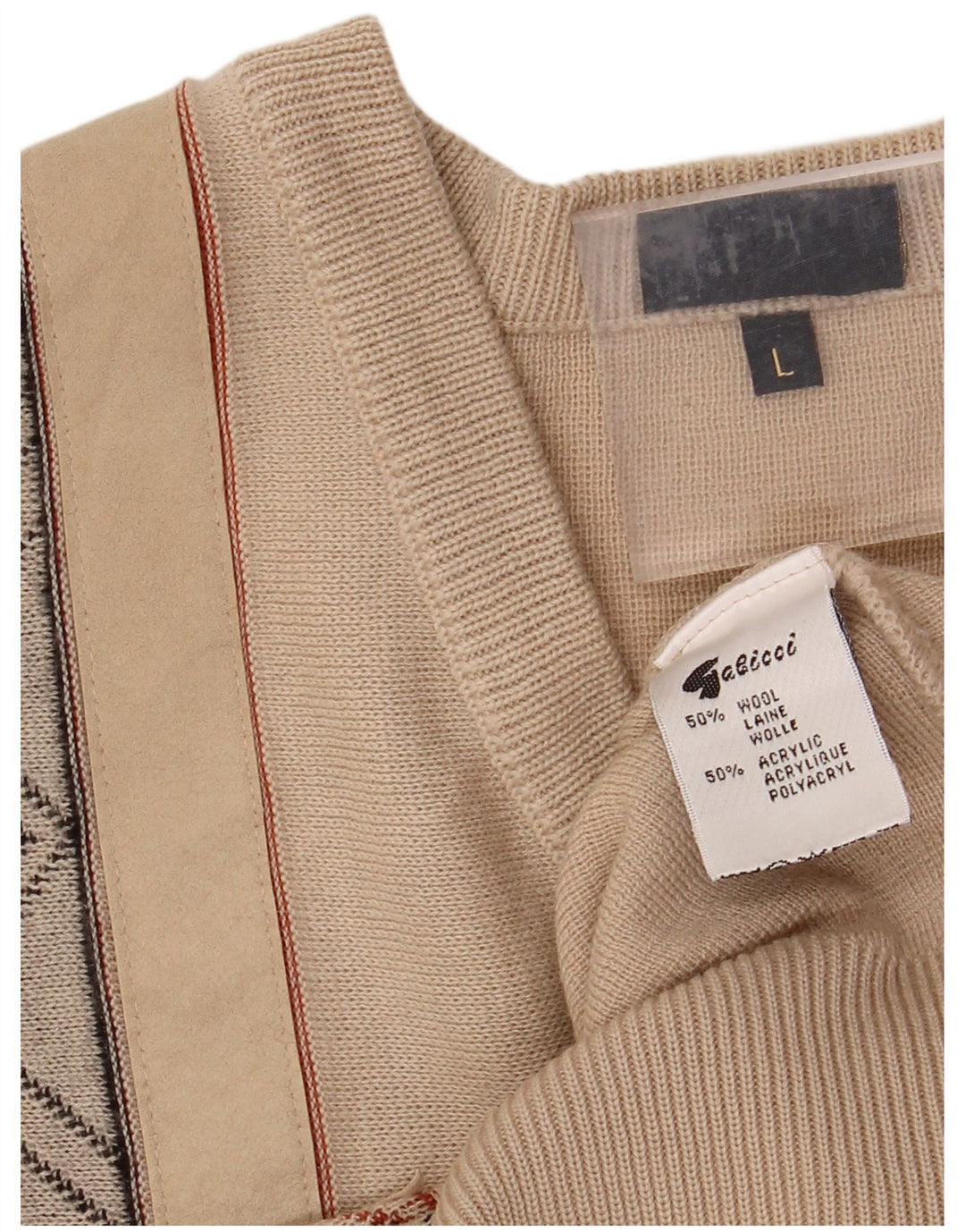 GABICCI Mens V-Neck Jumper Sweater Large Beige Geometric Wool
