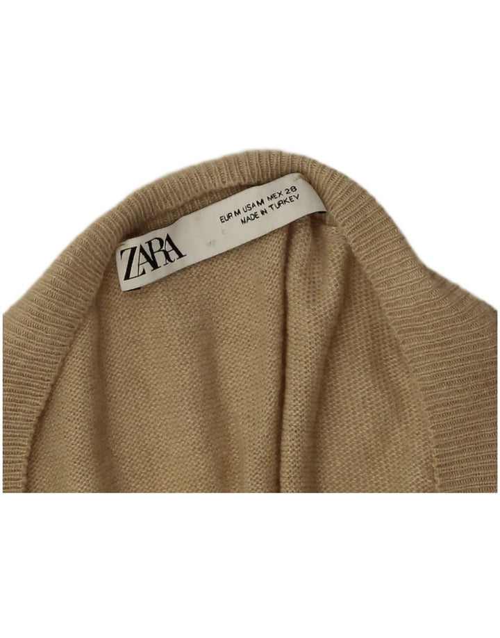 Zara Womens Crop Oversized V-Neck Jumper Sweater UK 14 Medium Beige Viscose