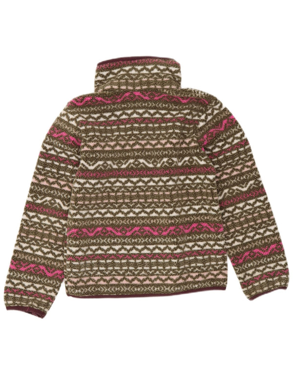 Columbia Girls Button Neck Fleece Jumper 7-8 Years Small Khaki Fair Isle