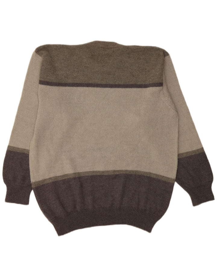 Pierre Monet Mens Crew Neck Jumper Sweater XL Grey Geometric Virgin Wool