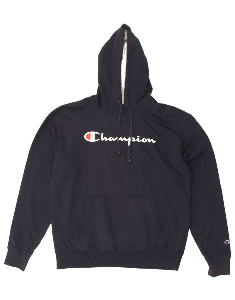 CHAMPION Mens Graphic Hoodie Jumper Large Navy Blue Cotton | Vintage Champion | Thrift | Second-Hand Champion | Used Clothing | Messina Hembry 