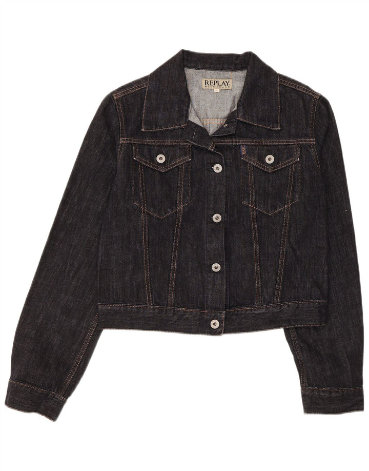 Replay Womens Crop Denim Jacket UK 14 Large Black Cotton