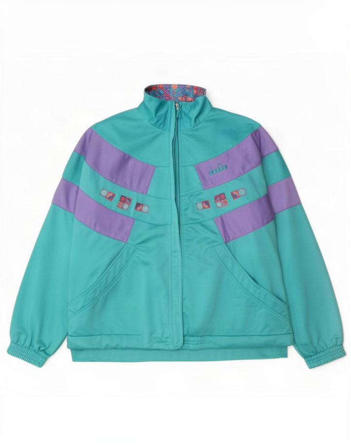 Diadora Womens Tracksuit Top Jacket IT 46 Large Turquoise Colourblock