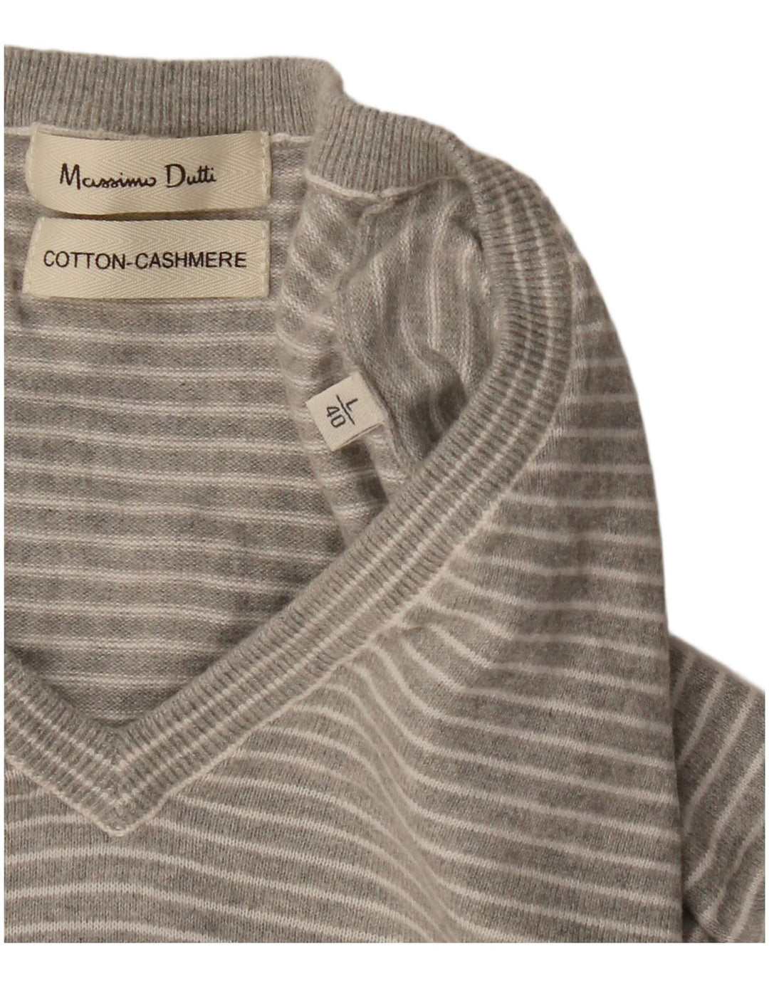 MASSIMO DUTTI Mens V-Neck Jumper Sweater Large Grey Striped Cotton