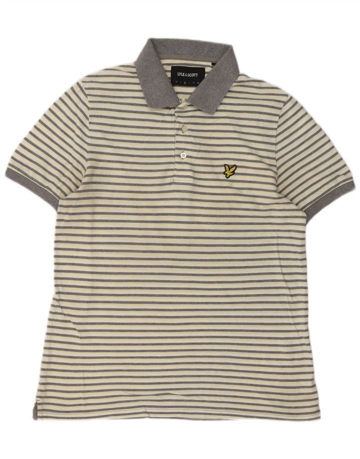 Lyle & Scott Mens Polo Shirt Medium Off White Striped Cotton