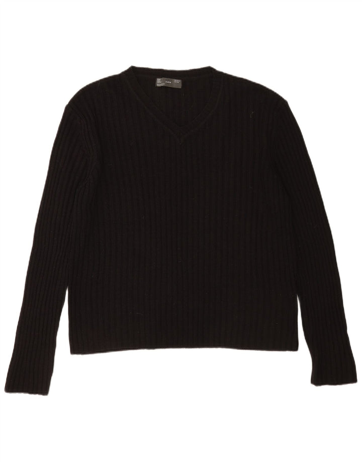 Zara Mens V-Neck Jumper Sweater Large Black Acrylic