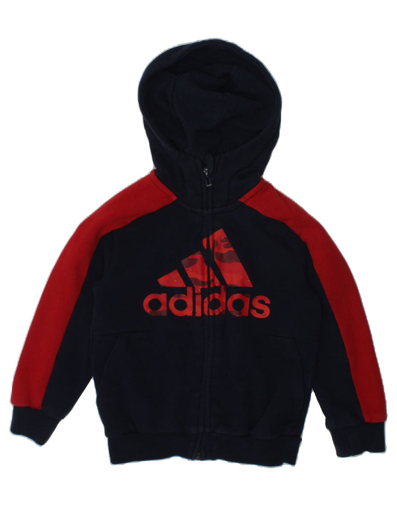 ADIDAS Boys Graphic Zip Hoodie Sweater 4-5 Years Navy Blue Colourblock | Vintage Adidas | Thrift | Second-Hand Adidas | Used Clothing | Messina Hembry 