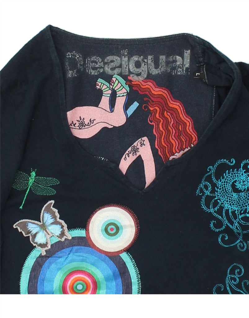 DESIGUAL Womens Graphic Long Sleeve Tunic Top UK 14 Large Navy Blue Cotton Vintage Desigual and Second-Hand Desigual from Messina Hembry 