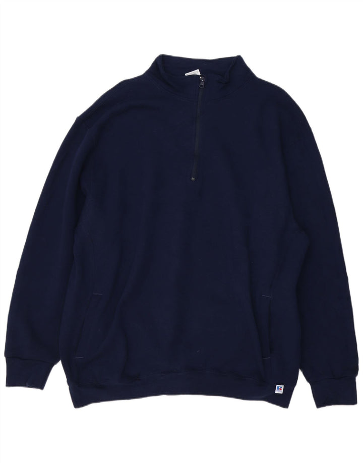RUSSELL ATHLETIC Mens Zip Neck Sweatshirt Jumper 2XL Navy Blue Cotton