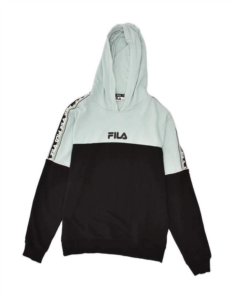 FILA Womens Oversized Graphic Hoodie Jumper UK 6 XS Black Colourblock | Vintage Fila | Thrift | Second-Hand Fila | Used Clothing | Messina Hembry 