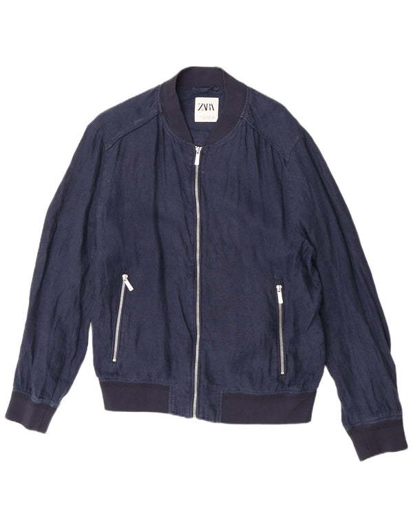 Zara Mens Bomber Jacket UK 40 Large Navy Blue Linen