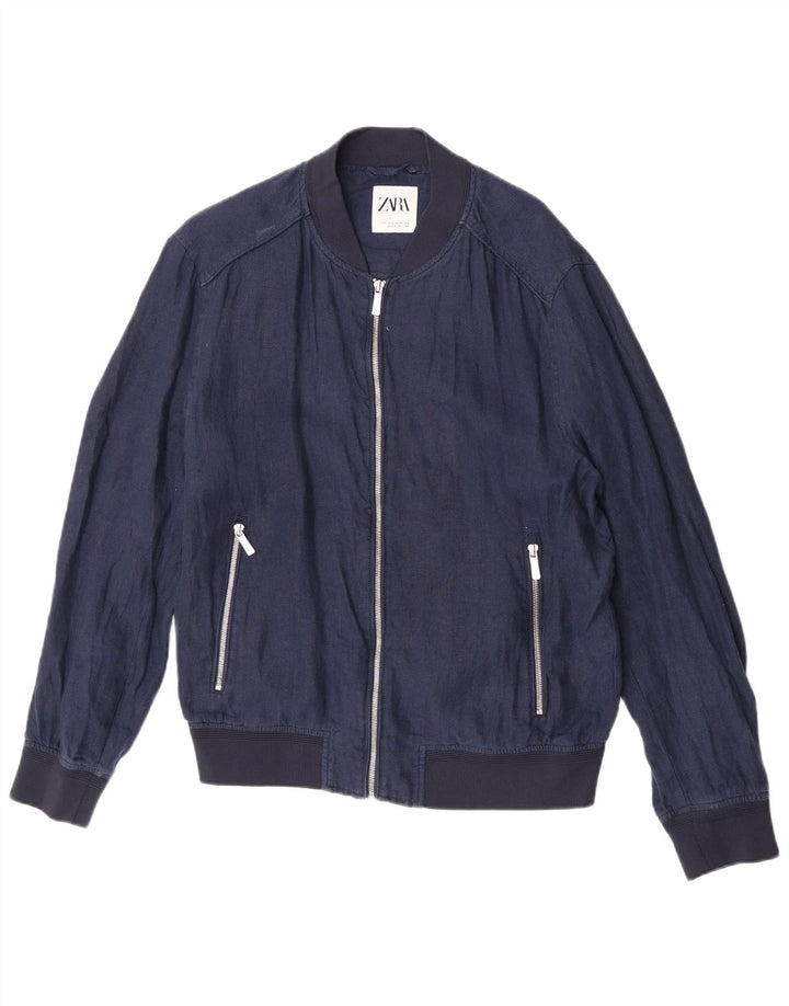 Zara Mens Bomber Jacket UK 40 Large Navy Blue Linen