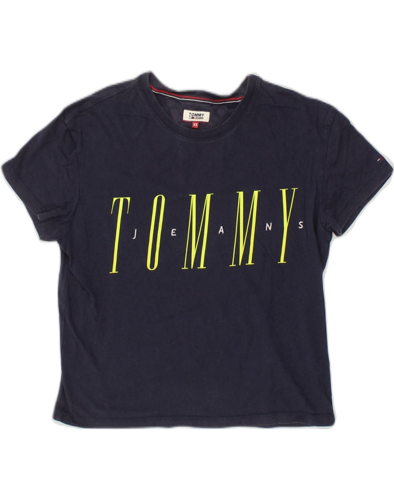 TOMMY JEANS Womens Oversized Graphic T-Shirt Top UK 6 XS Navy Blue Cotton | Vintage Tommy Jeans | Thrift | Second-Hand Tommy Jeans | Used Clothing | Messina Hembry 