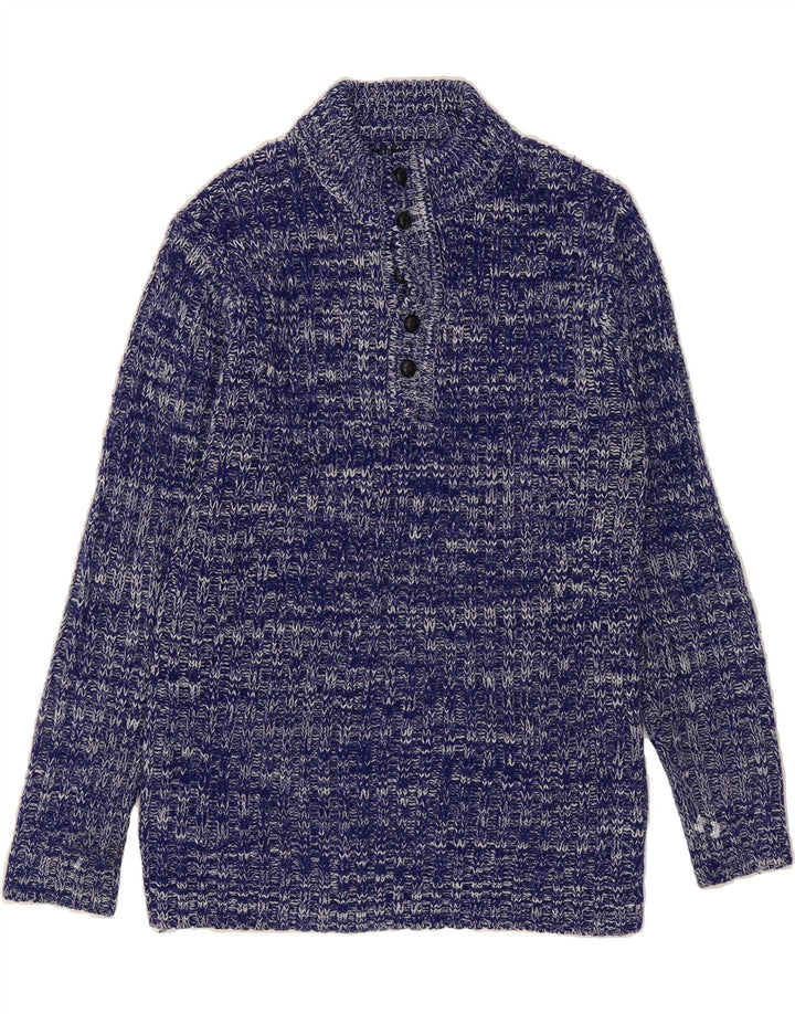 VINTAGE Mens Button Neck Jumper Sweater Medium Blue Flecked Vintage Vintage and Second-Hand Vintage from Messina Hembry 