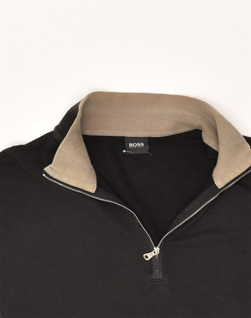 HUGO BOSS Mens Zip Neck Sweatshirt Jumper Medium Black Colourblock Cotton | Vintage Hugo Boss | Thrift | Second-Hand Hugo Boss | Used Clothing | Messina Hembry 