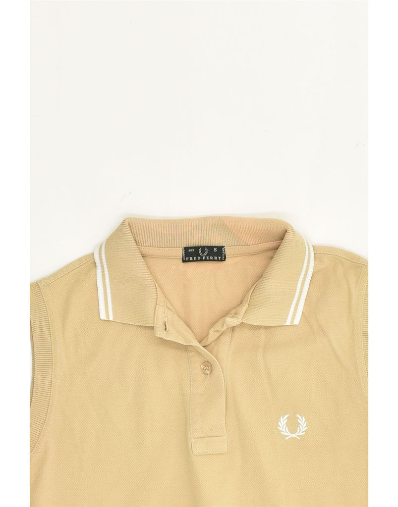 FRED PERRY Womens Sleeveless Polo Shirt UK 10 Small Beige Cotton | Vintage Fred Perry | Thrift | Second-Hand Fred Perry | Used Clothing | Messina Hembry 