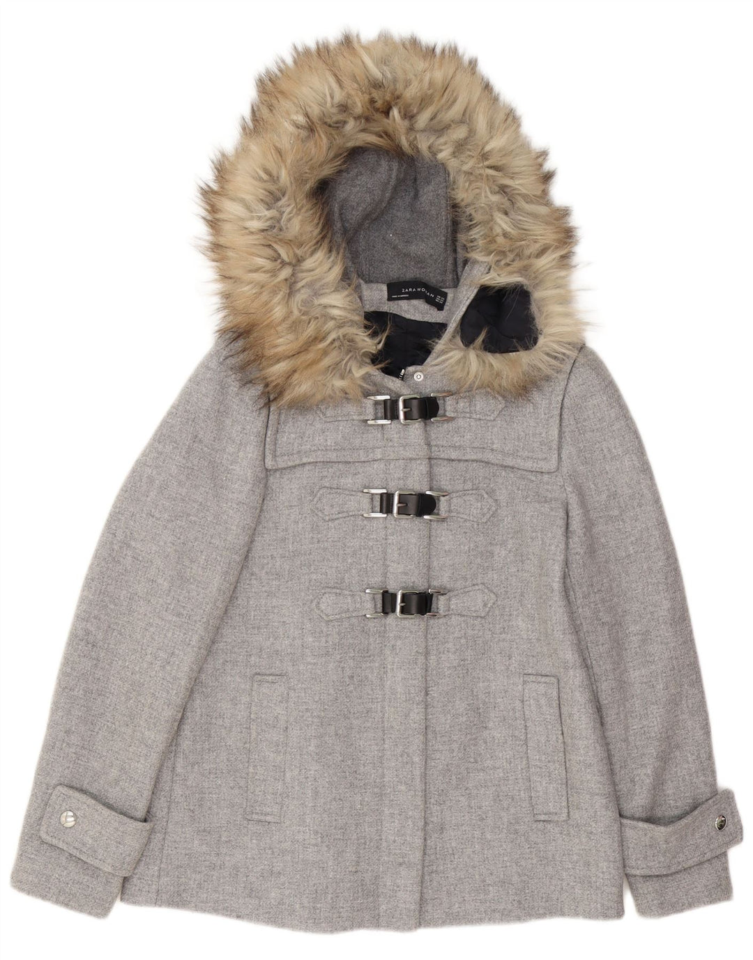 Zara Womens Hooded Oversized Duffle Jacket UK 6 XS Grey Wool