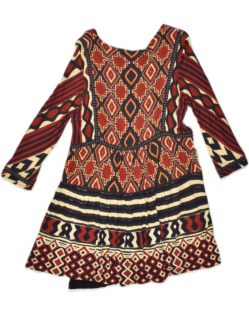 DESIGUAL Womens Long Sleeve A-Line Dress UK 8 Small Brown Geometric Cotton | Vintage Desigual | Thrift | Second-Hand Desigual | Used Clothing | Messina Hembry 