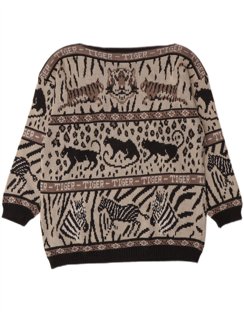 VINTAGE Womens Boat Neck Jumper Sweater UK 14 Medium Grey Animal Print Vintage Vintage and Second-Hand Vintage from Messina Hembry 