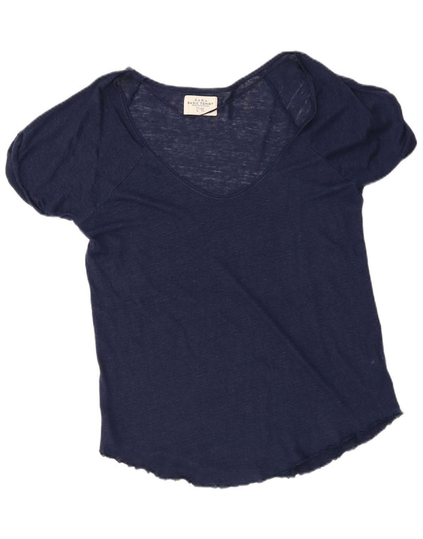 Zara Womens T-Shirt Top UK 16 Large Navy Blue Linen