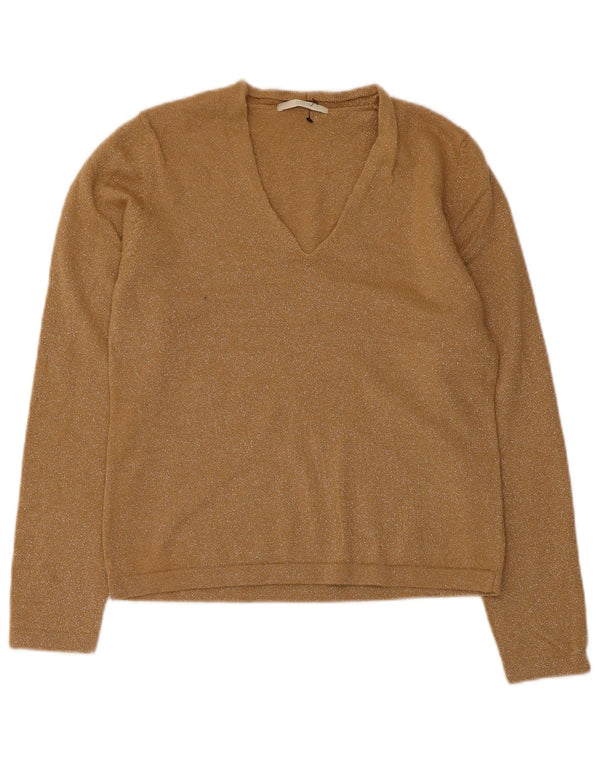 Marks & Spencer Womens V-Neck Jumper Sweater UK 16 Large Beige Flecked Wool