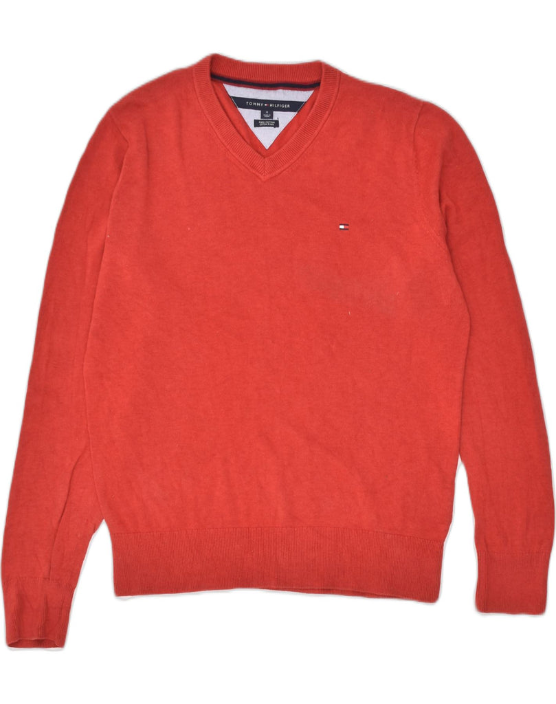 TOMMY HILFIGER Mens V-Neck Jumper Sweater Medium Red Cotton | Vintage Tommy Hilfiger | Thrift | Second-Hand Tommy Hilfiger | Used Clothing | Messina Hembry 