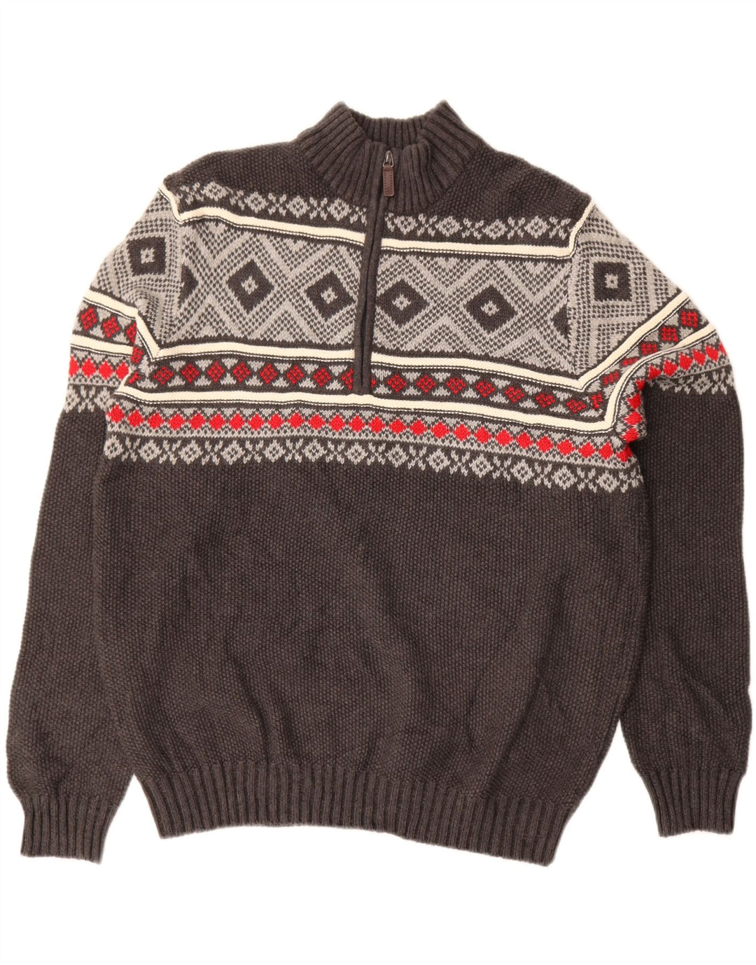 IZOD Mens Zip Neck Jumper Sweater Large Grey Fair Isle Cotton