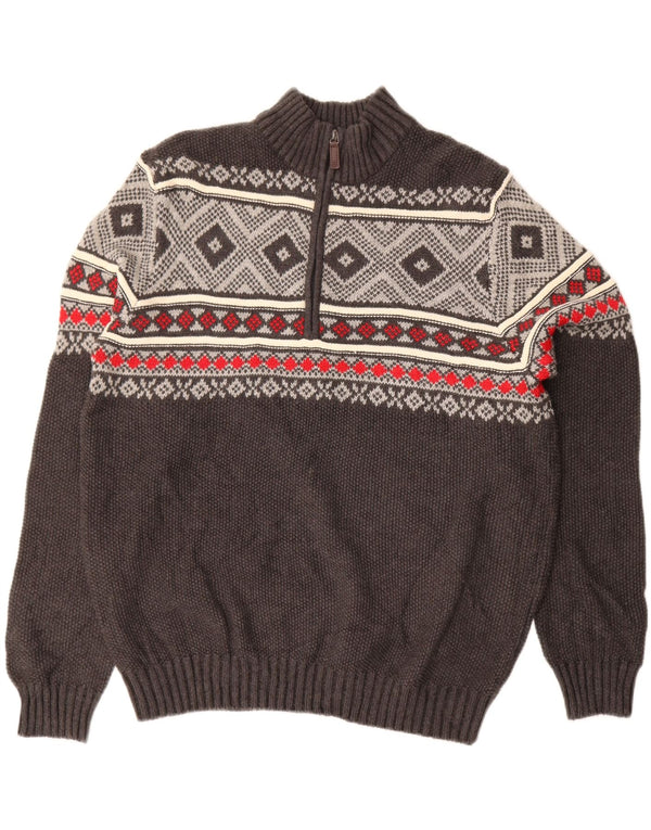 IZOD Mens Zip Neck Jumper Sweater Large Grey Fair Isle Cotton