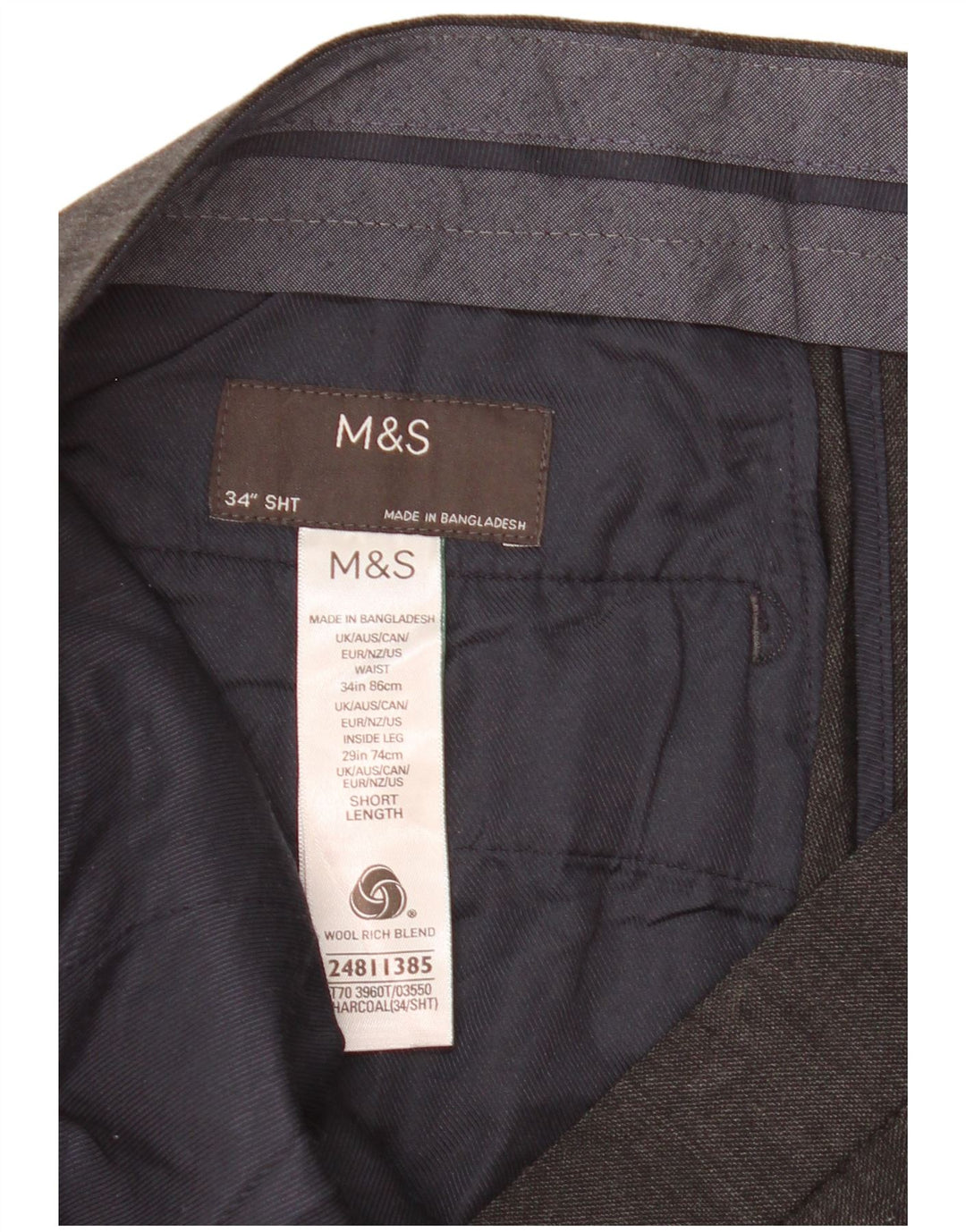 Marks & Spencer Mens Crop Straight Suit Trousers W34 L25 Grey Wool